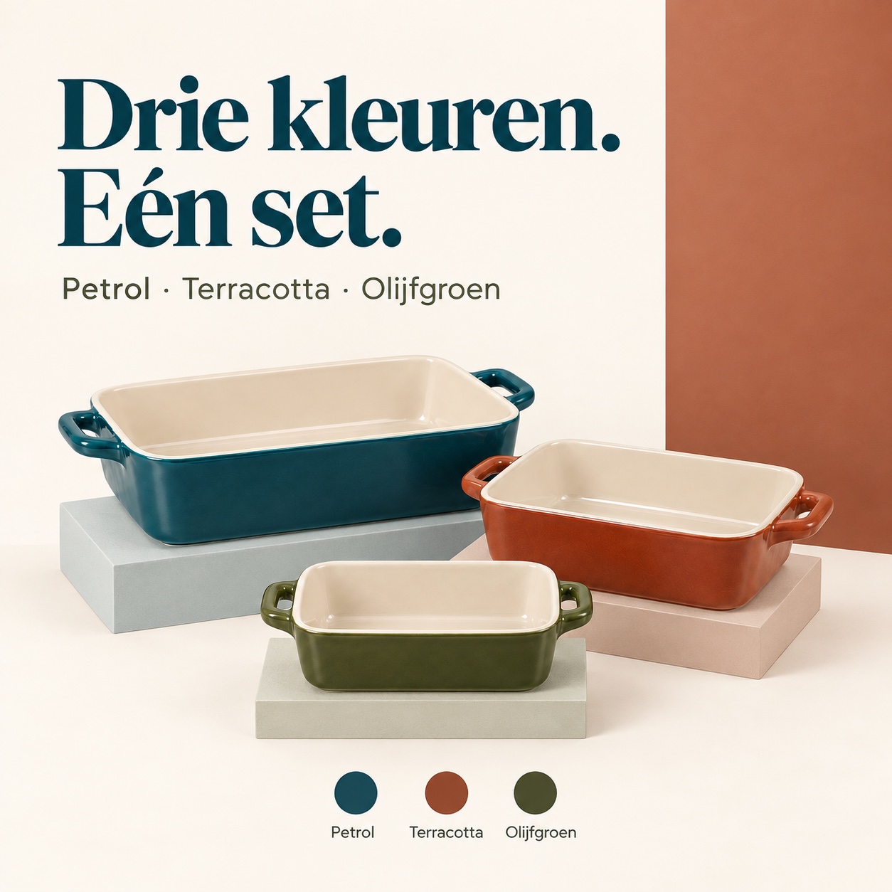 Drie kleuren, één set: compleet listingbeeld van de ovenschalen